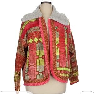 Anthropologie Colorful Knit Teddy Jacket with Shearling Collar